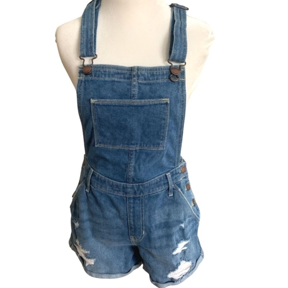 NWT Hollister High Rise Mom Short Blue Distressed Denim Overalls Stretch Small